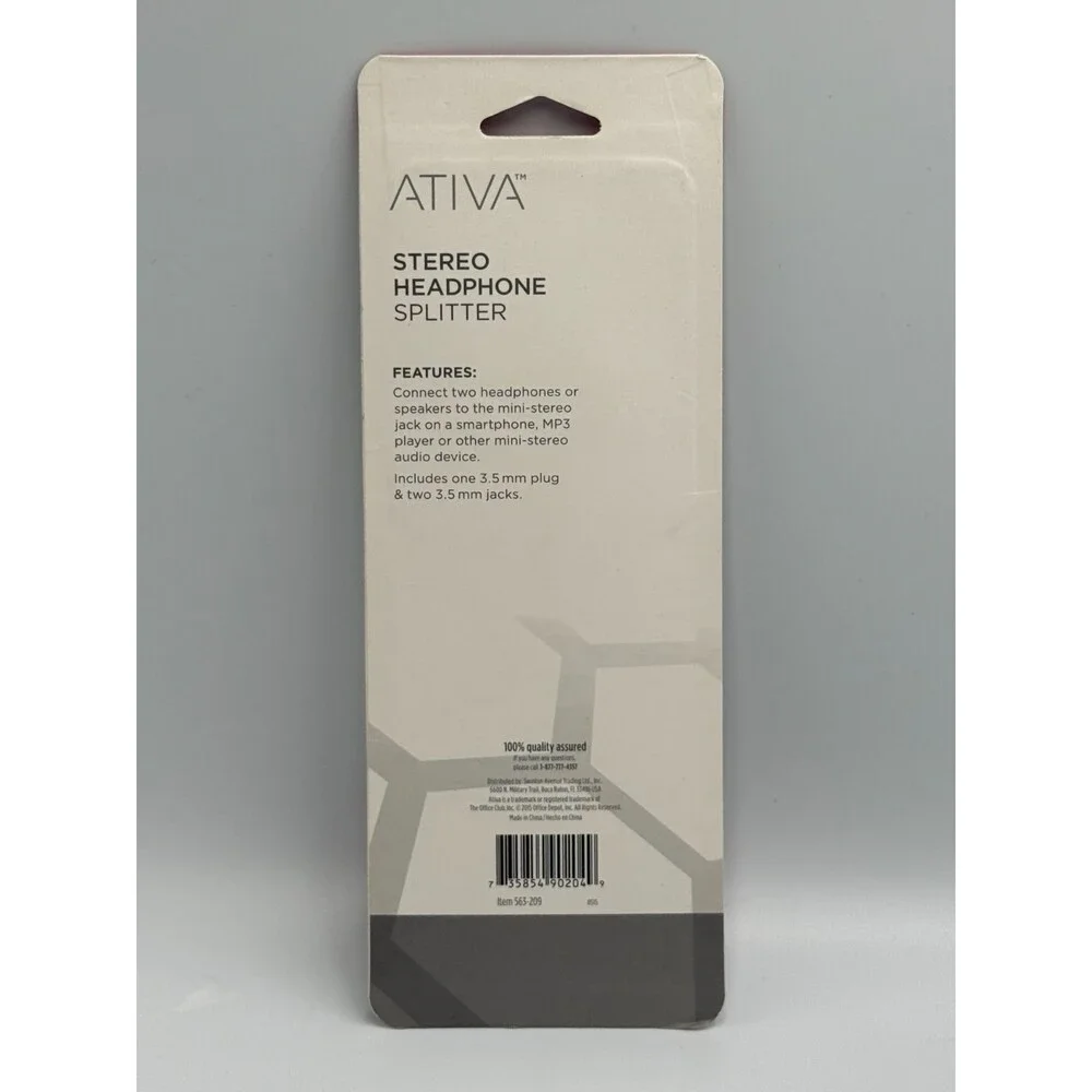 Ativa 563-209 1 Male to 2 Female Audio Adapter 3.5mm Stereo Headphone Splitter